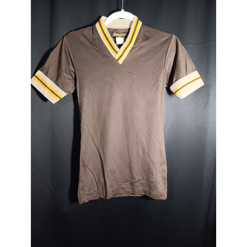 Swingster Vintage 1980s Ringer Tee Brown Yellow XS Made in USA Retro Sportswear